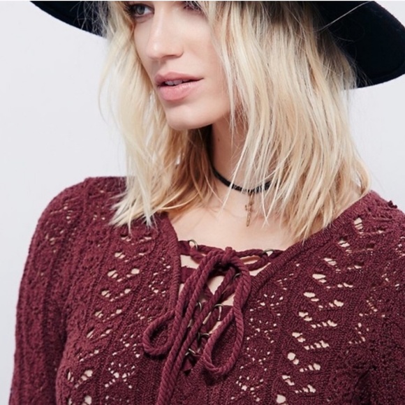 Free People Sweaters - Free People Maroon Lace-Up Knitted Sweater